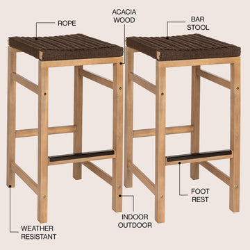 Armand 30" Modern Coastal Backless Acacia Wood Outdoor Bar Stool with Woven Rope Seat